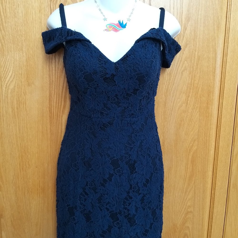 Xscape Womens Navy Lace Off-The-Shoulder Hi-Low Midi Dress Petites 2P Pre-owne - Picture 15 of 16